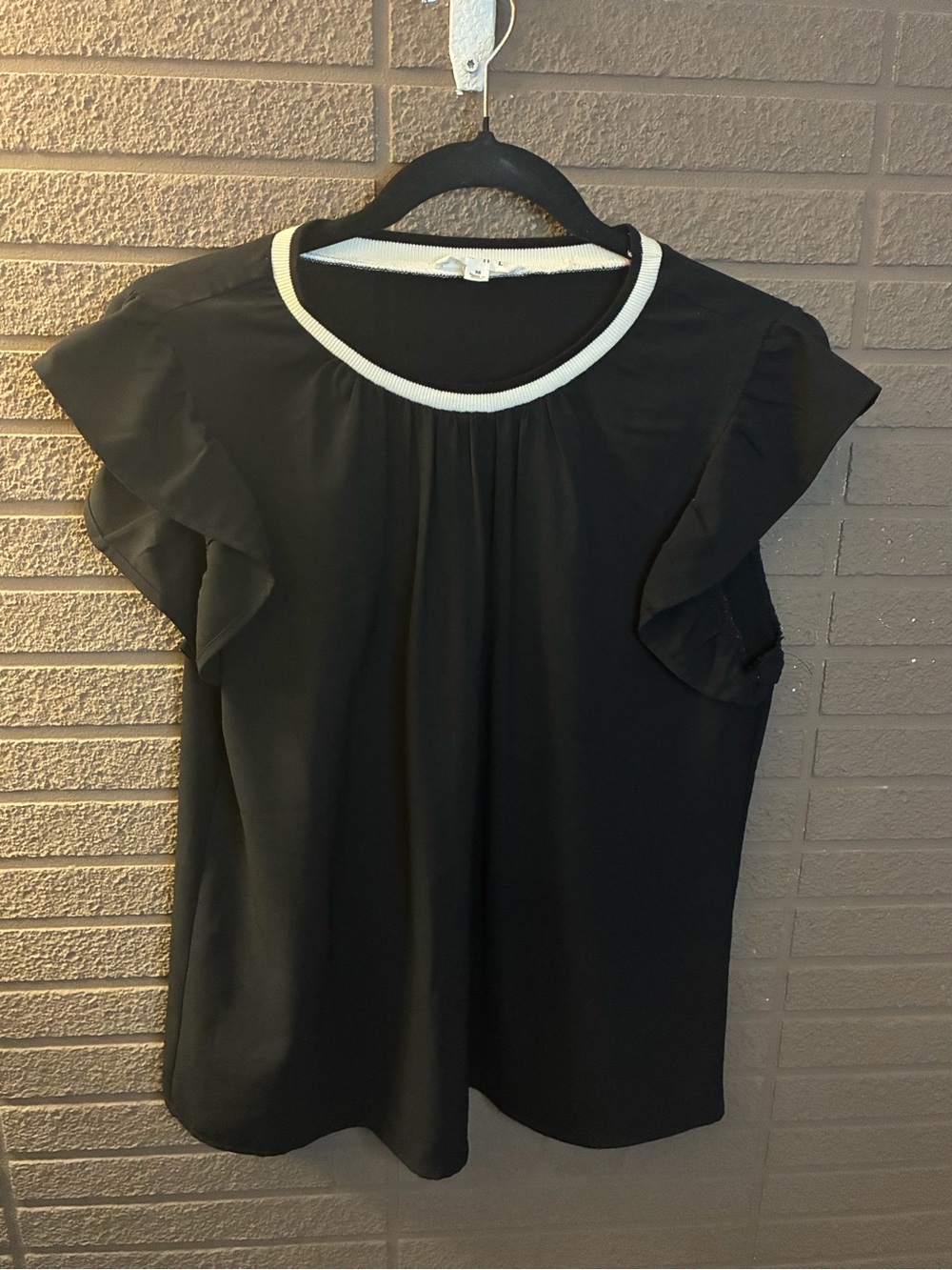THML Black Flutter Sleeve Blouse with Cream Trim